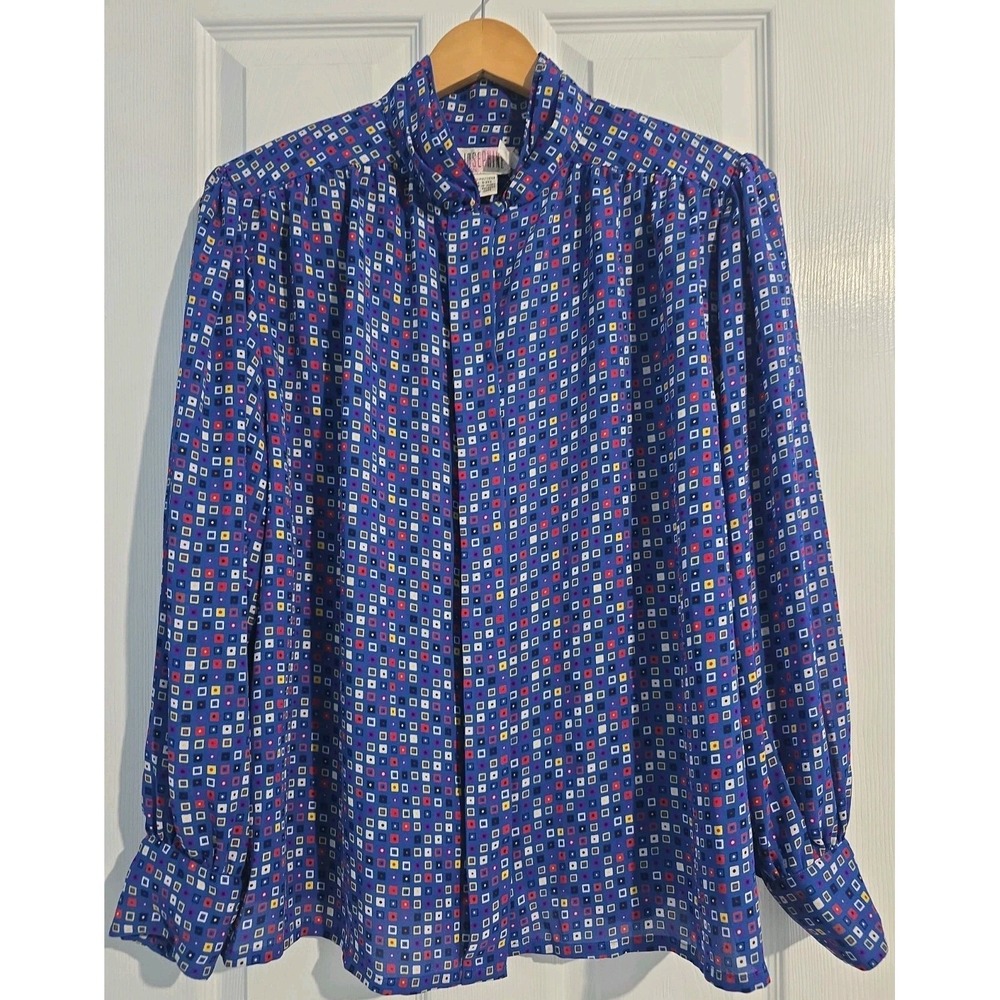 VTG 80s Josephine Blue Geometric Patterned  Blouse Size 22W/42 Padded Shoulder